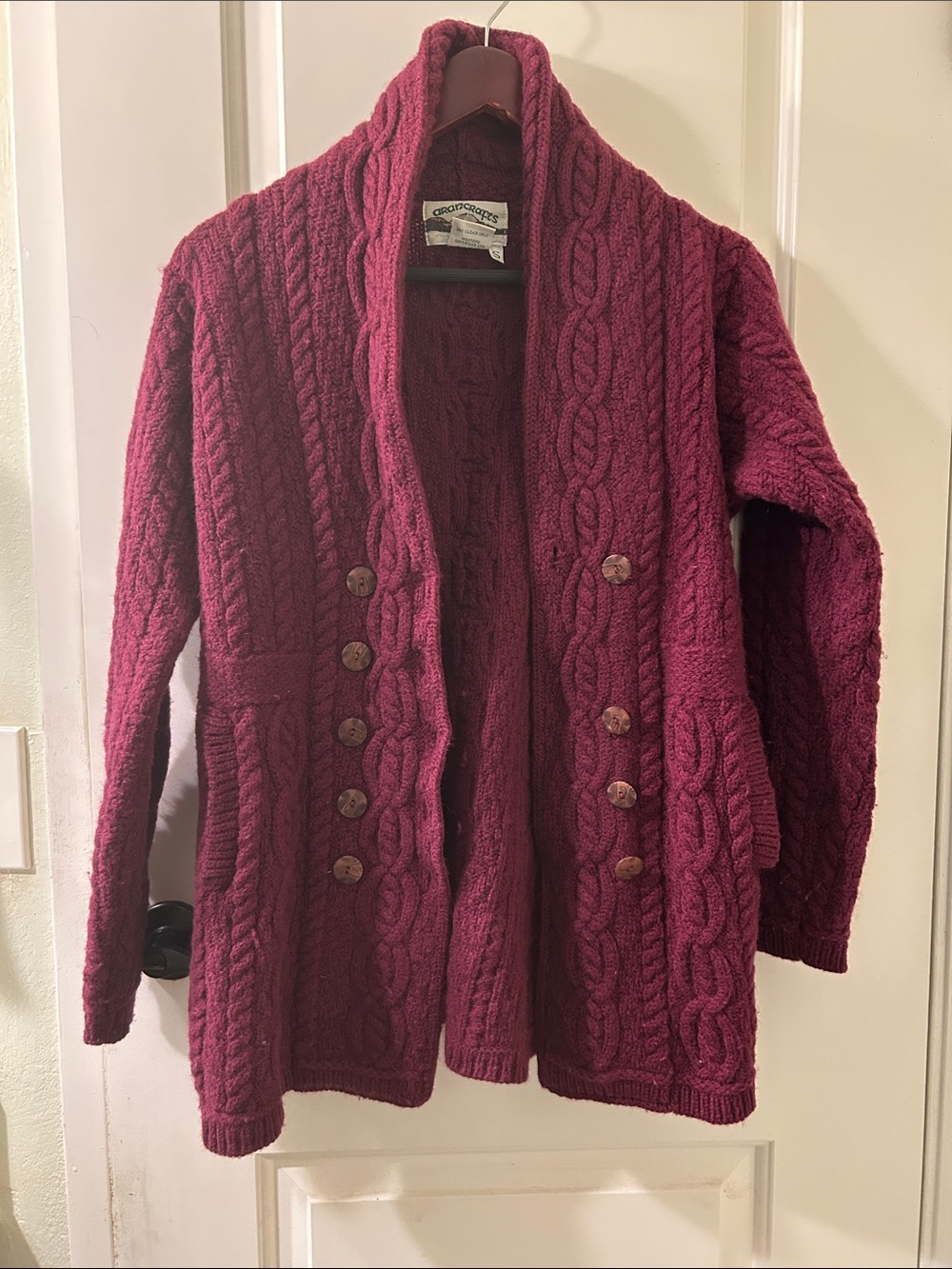 Aran Crafts Cable Knit Shawl-Collar Cardigan - Wine Red, Sz S